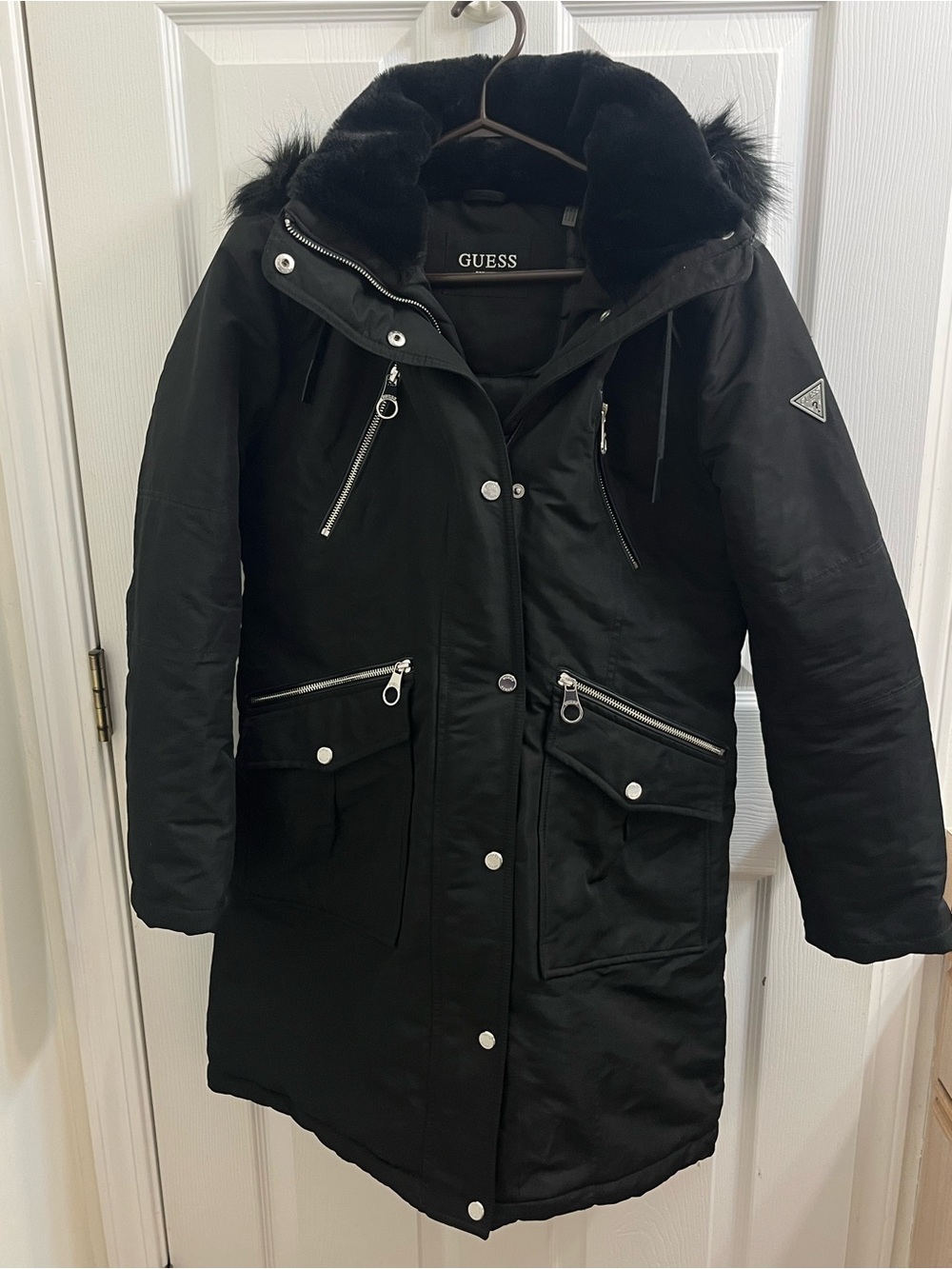 GUESS Black Hooded Parka with Faux-Fur Trim